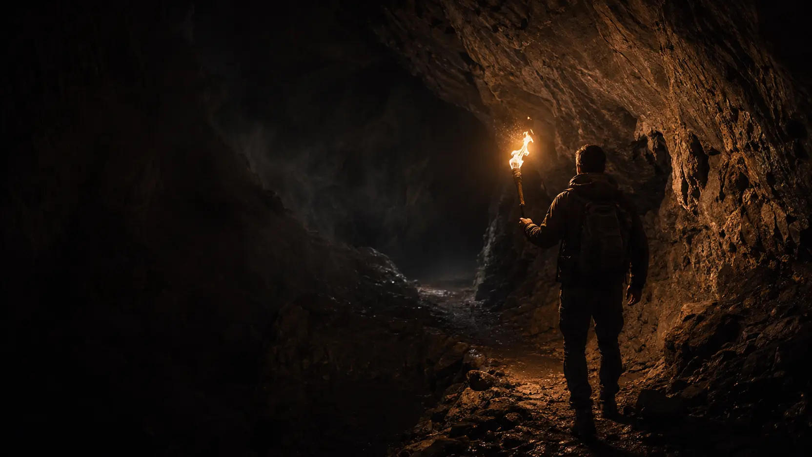 Mensch mit einer Fackel in einer dunklen Höhle