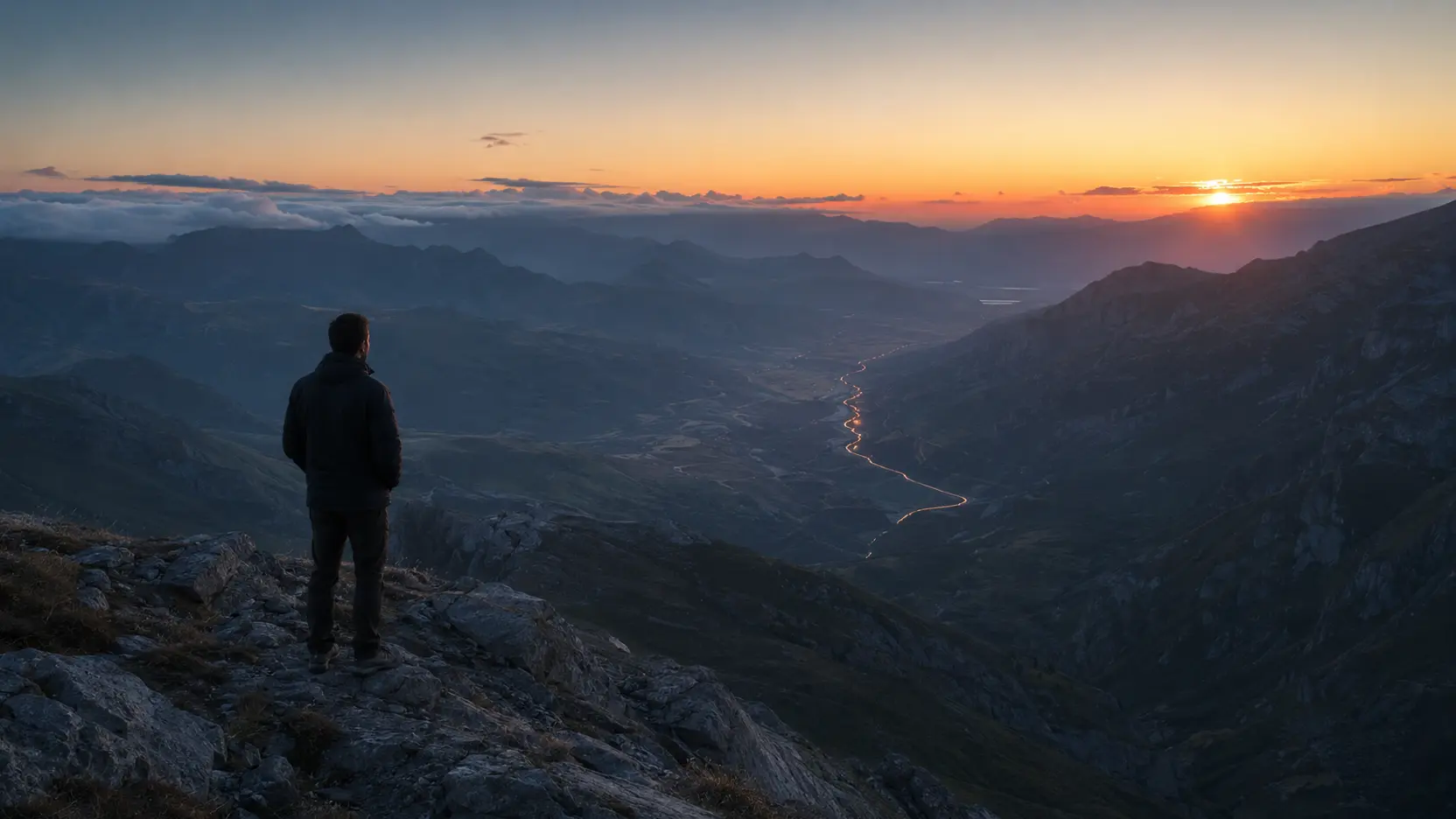 Mensch blickt von einem Berg auf ein weites Tal im Morgenlicht