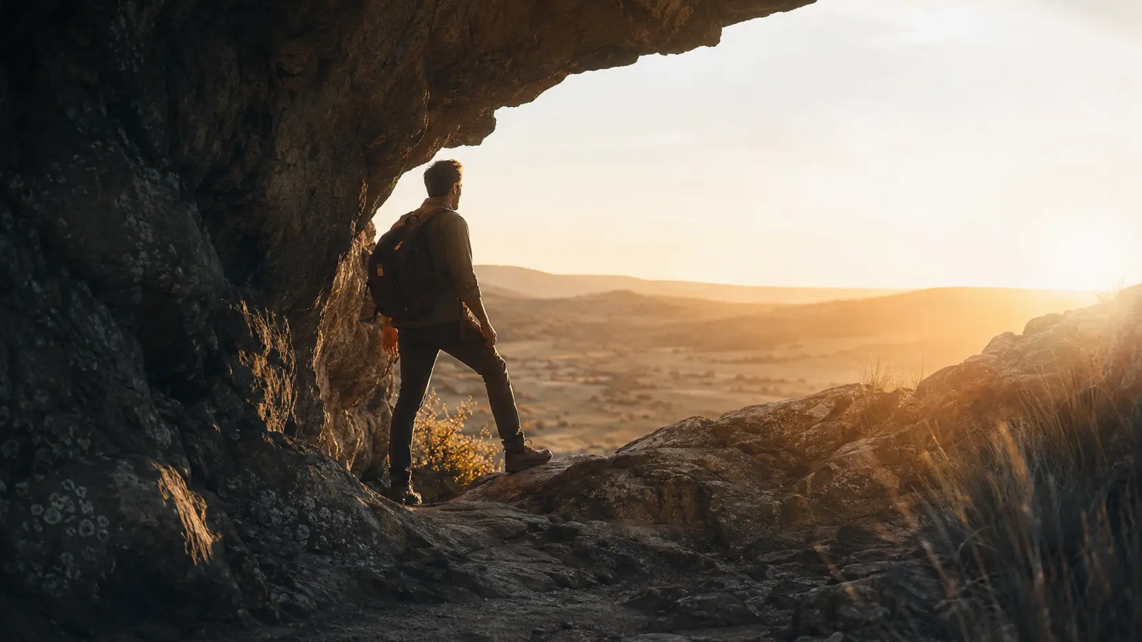Mensch tritt aus einer Felsenhöhle in eine helle Landschaft