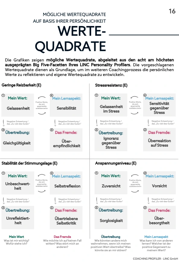 Beispielseite „Wertequadrate“ aus dem Coaching Profiler